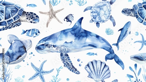 Colorful watercolor painting of various sea animals. Perfect for educational materials or marine-themed designs