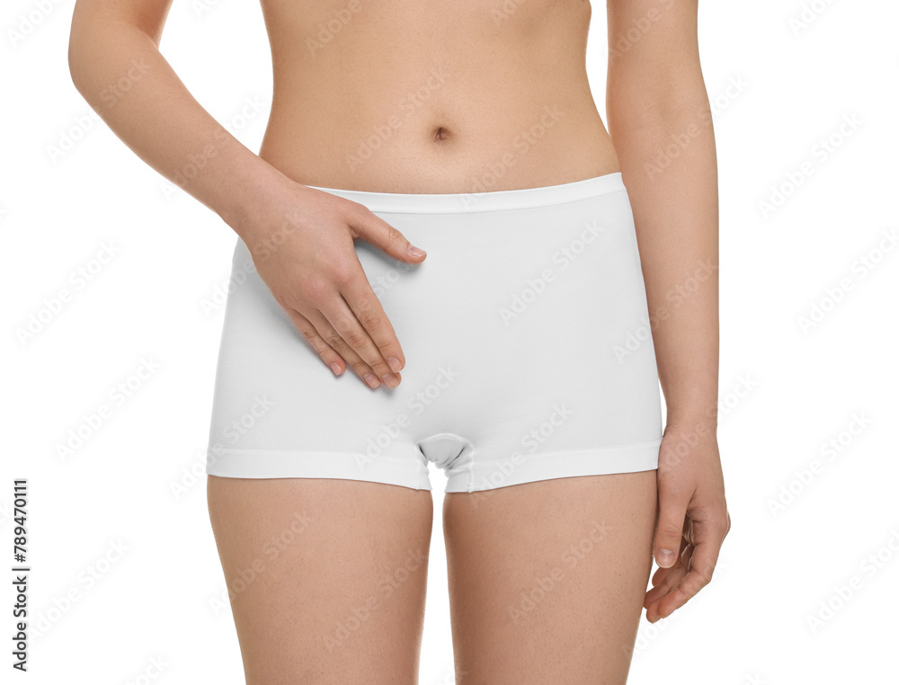 Woman holding hand near panties on white background, closeup. Women's health - obrazy, fototapety, plakaty 