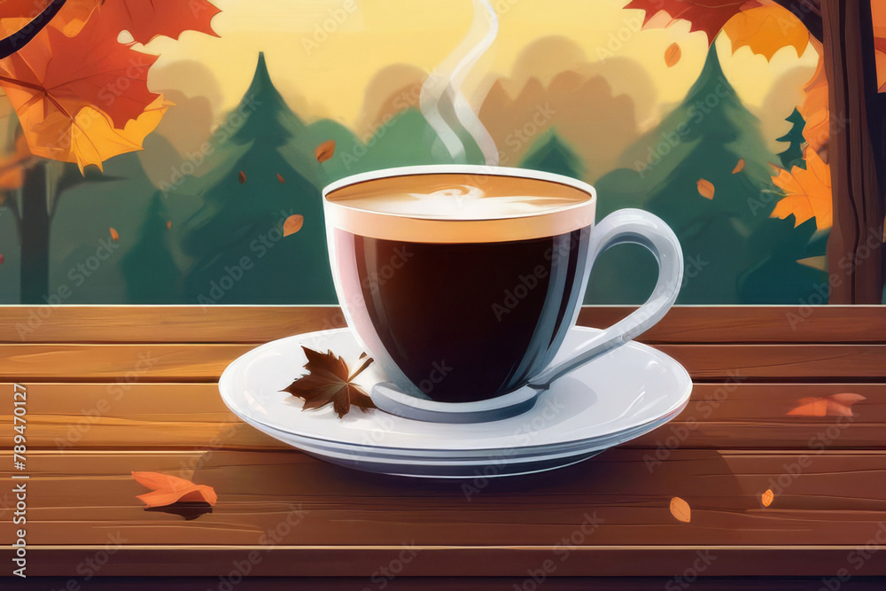 Autumn leaves and a hot steaming cup of coffee. Wooden table and a cup of coffee against the background of an autumn forest. Autumn season, free time, coffee break, September,