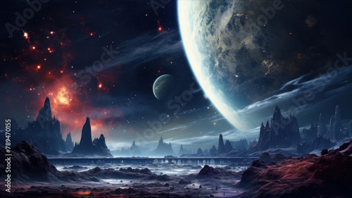Fantasy landscape with planet and moon.