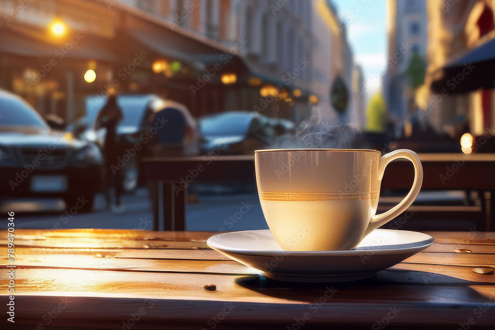 A cup of hot coffee, tea, chocolate on a wooden table early in the morning with a view of the waking up city.