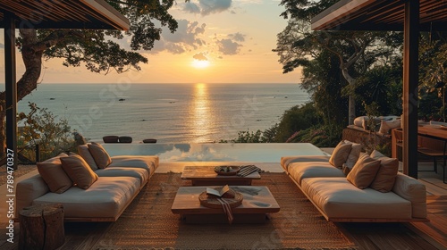 A beautiful beach house with a pool and a view of the ocean. The sun is setting  creating a warm and inviting atmosphere
