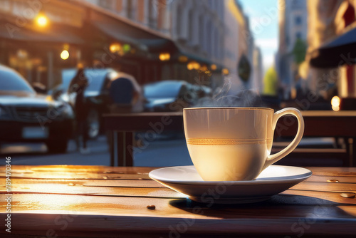 Obraz na płótnie A cup of hot coffee, tea, chocolate on a wooden table early in the morning with a view of the waking up city. w salonie