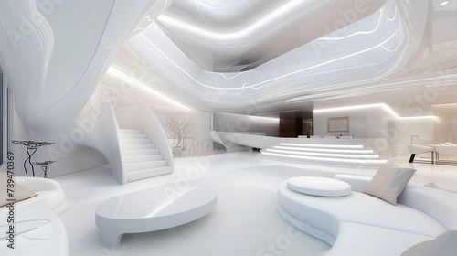 A rendering of a futuristic white room with a kitchen  living room  and seating area.  