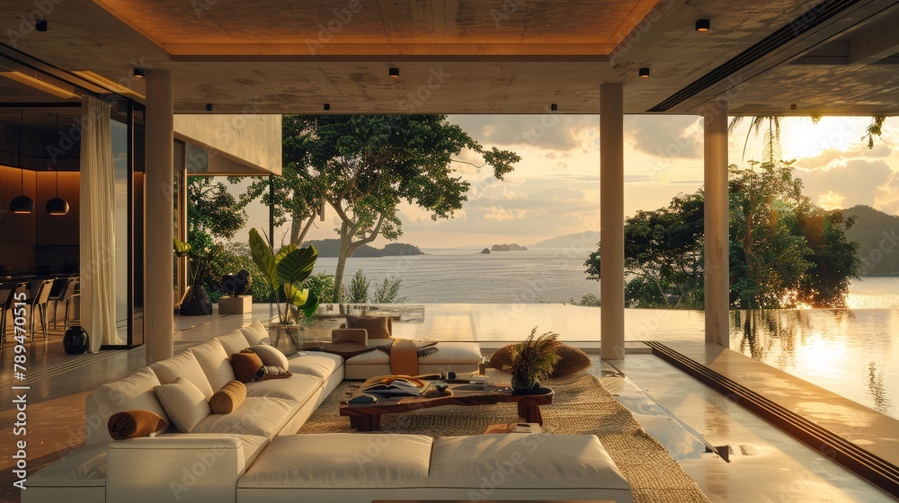 A large open living room with a pool and a view of the ocean. The room is filled with white furniture and a large couch