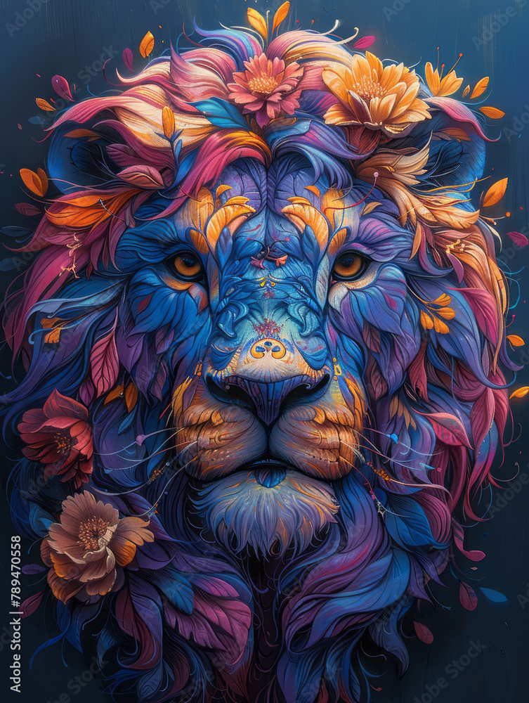 a colorful lion head with colorful floral patterns, in the style of energy-filled illustrations.generative ai