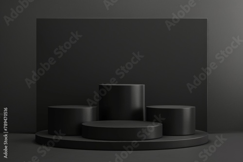 Four Balck Podiums With Different Heights, Pedestals For Product Presentation, Pure Black Background