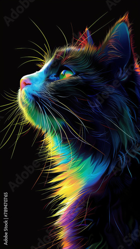 a cat painting is painted in a bright multi color palette, in the style of dark black and yellow, neon color palette.generative ai