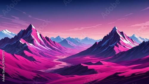 Landscape with magenta mountains. Mountainous terrain. Abstract nature background. Vector illustration.