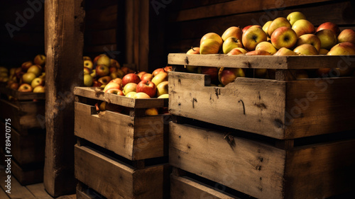 Organic apples in wooden boxes in a warehouse. Selective focus. © Ula