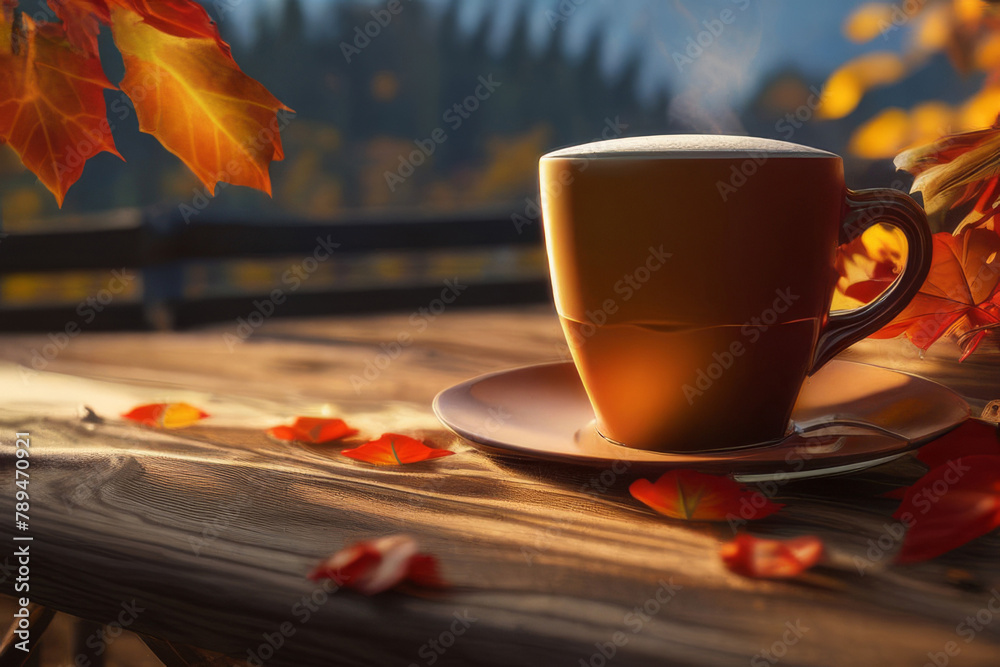 Autumn leaves and a hot steaming cup of coffee. A wooden table and a cup of coffee by the window against the backdrop of an autumn forest. Autumn season, free time, coffee break, September