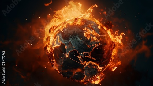 A close-up view of a carbonized Earth globe disintegrating amidst flames, resting on glowing embers to symbolize global warming's devastation photo