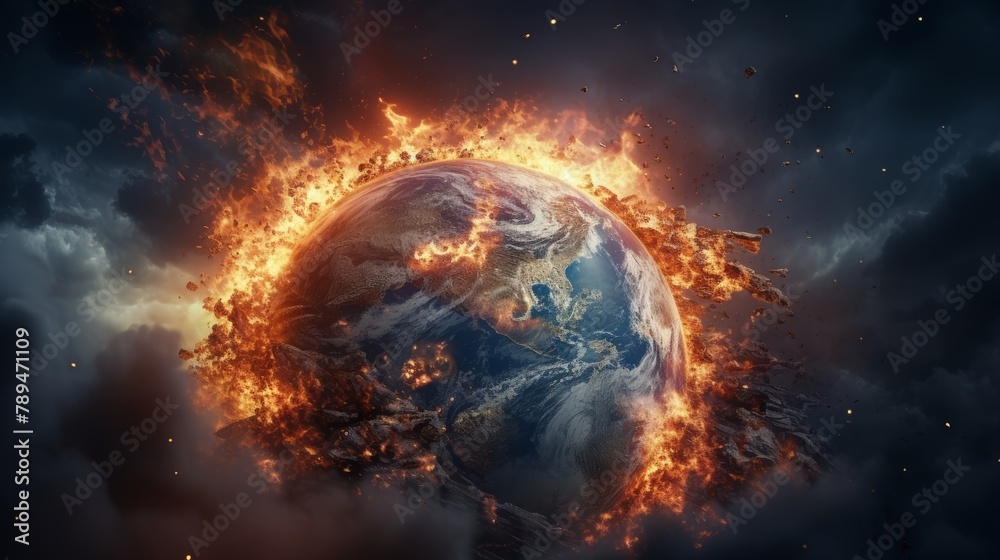 Earth as a burning globe, its form carbonized and disintegrating under intense fire, set against embers in a dramatic illustration of global warming
