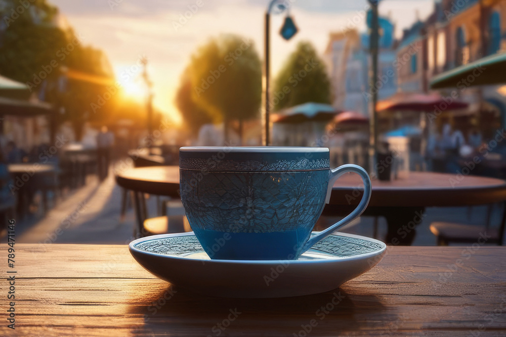A cup of hot coffee, tea, chocolate on a wooden table early in the morning with a view of the waking up city.