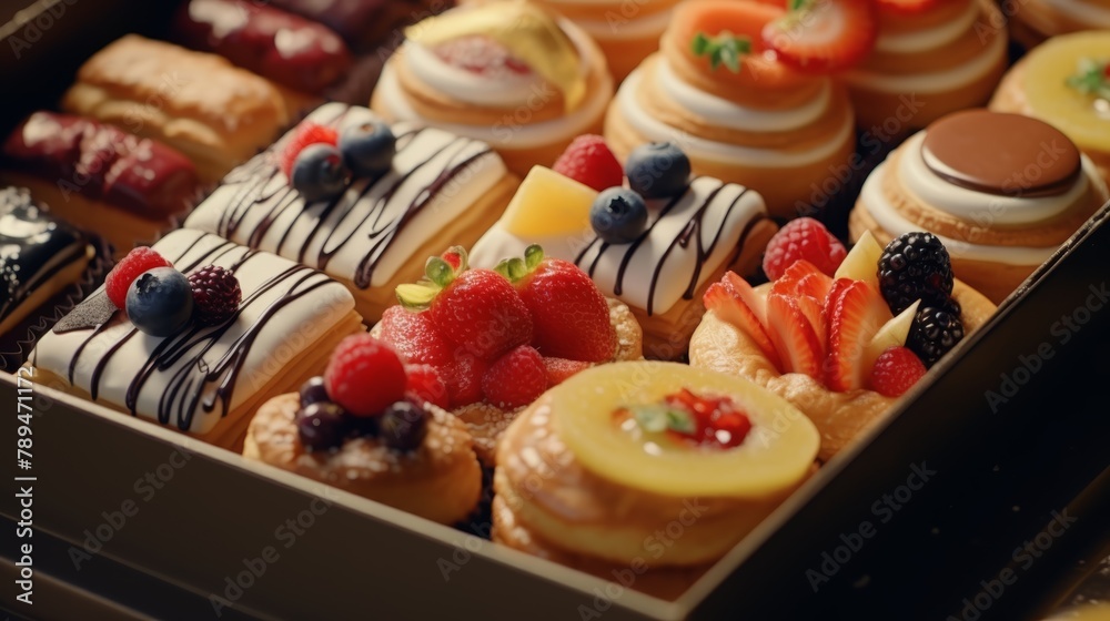 Feast your eyes on this assortment of colorful pastries, beautifully presented in a gift box, rendered in stunning close-up