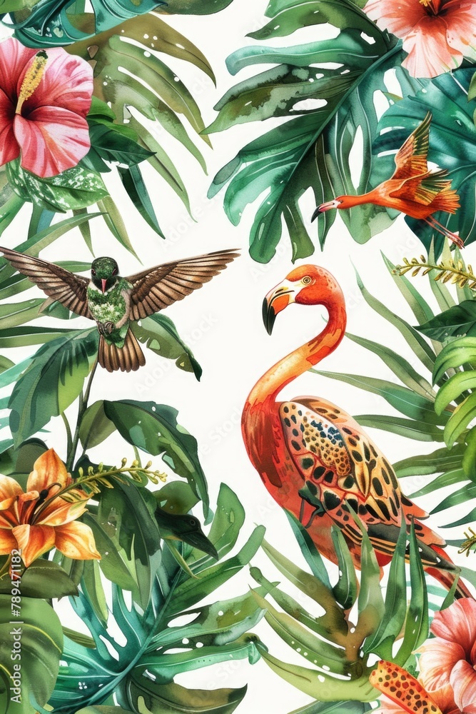 Obraz premium A beautiful pink flamingo surrounded by lush tropical leaves and vibrant flowers. Perfect for tropical-themed designs