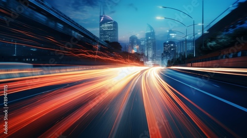 Evening rush hour captured in motion on a city highway, car headlights blur creating dynamic lines of light in a high-speed scene photo