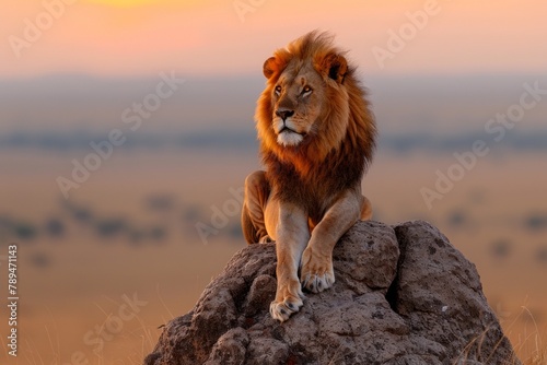 Majestic lion sitting atop a rock against a golden sunset in the savannah. © tilialucida