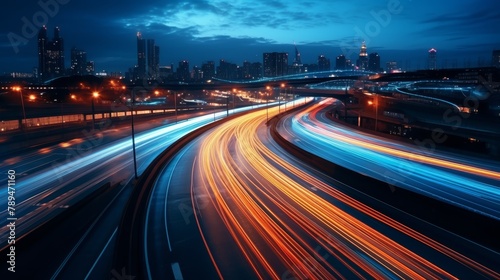 Fast-moving traffic lights captured through long exposure, transforming a city highway into a river of light during evening rush
