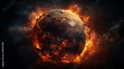 Fiery demise of a carbonized Earth globe, crumbling to ashes on glowing embers, a powerful depiction of global warming in high-definition photo