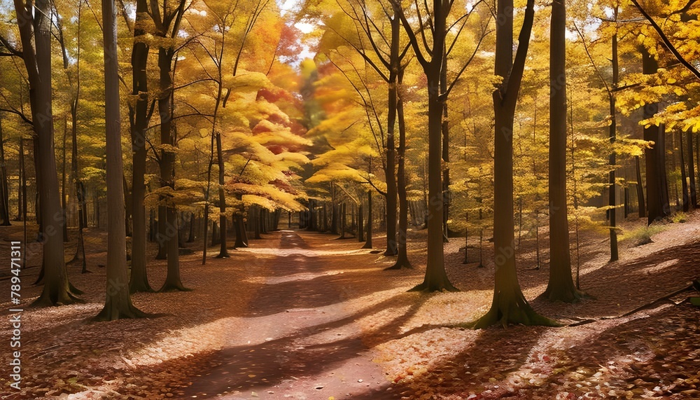 Autumn Forest Path with Fallen Leaves and Scattered Trees - Hand Edited Generative AI