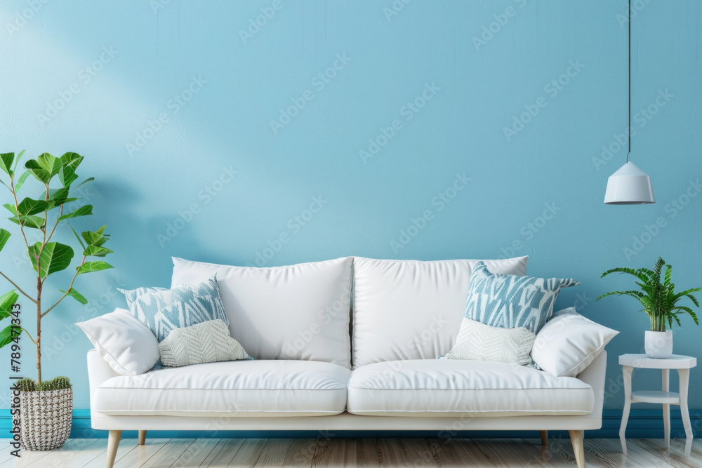 minimalist interior design of living room with blue walls and white sofa minimalist interior design of living room with blue walls and white sofa