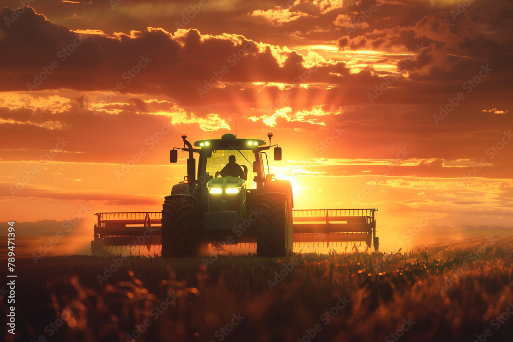 Fototapeta premium Golden Hour Tractor Harvesting Field. Tractor harvesting wheat in field at sunset, ideal for agriculture and farming themes.