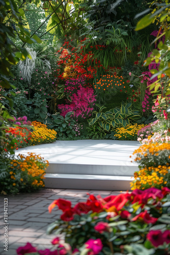 Serene Pathway in Blooming Garden. Vibrant garden path surrounded by colorful flowers, ideal for spring and summer themes.