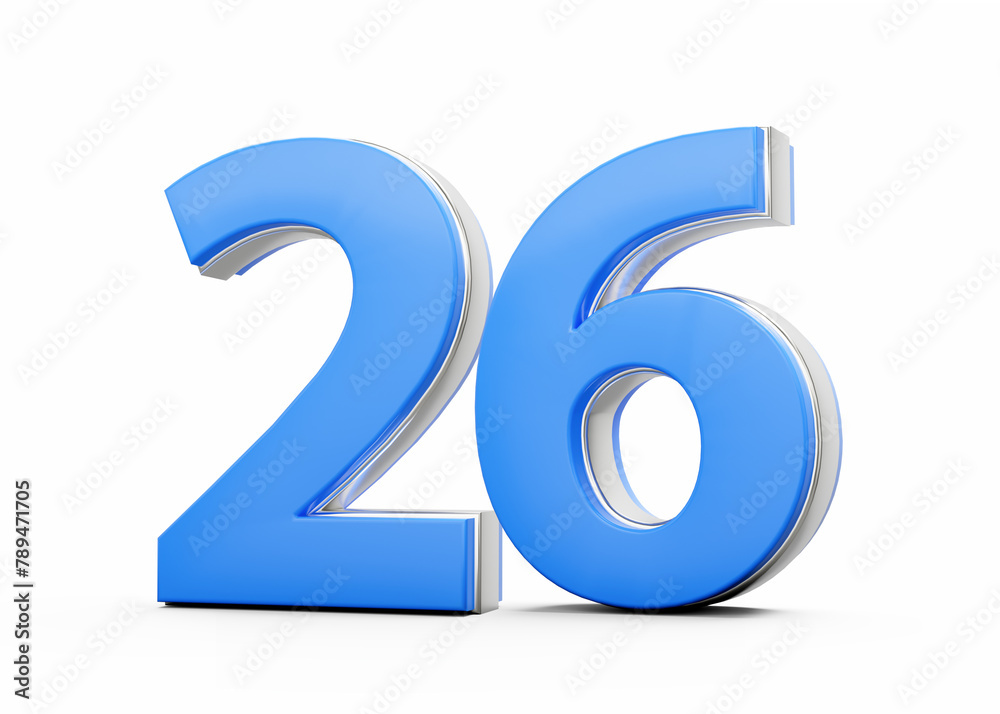 3D Number 26 Twenty Six Made Of Blue Body With Silver Outline On White Background 3D Illustration 3D Number 26 Twenty Six Made Of Blue Body With Silver Outline On White Background 3D Illustration