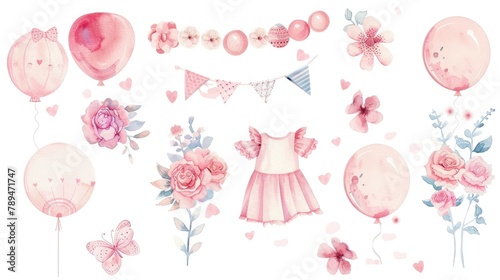 Colorful watercolor balloons and flowers, perfect for greeting cards or invitations © Fotograf