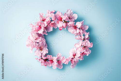 Overhead Blossom Wreath Composition. Overhead view of a pink blossom wreath on a soft blue background. © Vladimir