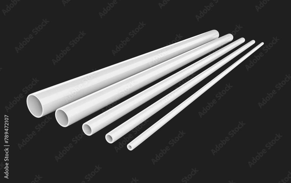 3D Shiny White PVC Pipes Of Different Diameters Plumbing Concept On Black Background 3D Illustration