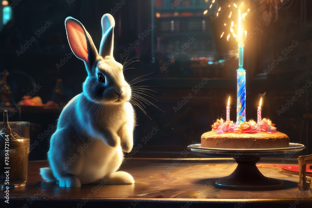 Bunny at the table with birthday cake