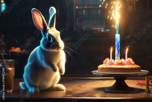 Bunny at the table with birthday cake