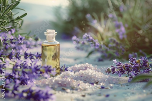 A bottle of lavender oil next to a bunch of lavender flowers. Suitable for aromatherapy or spa concept