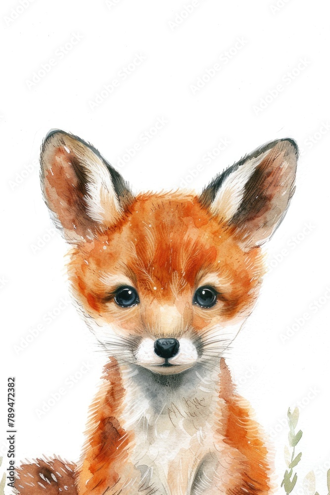 Fototapeta premium Adorable baby fox depicted in a watercolor painting, perfect for children's books or nursery decor