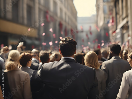 Back view of a large group of business people celebrating in the street in crowd, hyper realistic, selective focus, buildings in background, ribbons