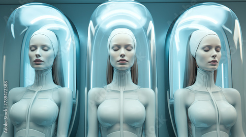 Human clone factory, Human in the capsules, capsule with human woman body insidev photo