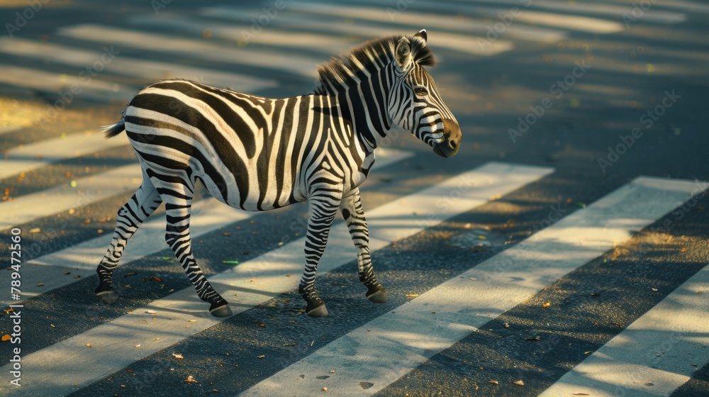 Naklejka premium A zebra crossing the street in the middle of the day. Suitable for transportation and urban themes