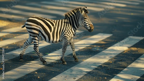 A zebra crossing the street in the middle of the day. Suitable for transportation and urban themes
