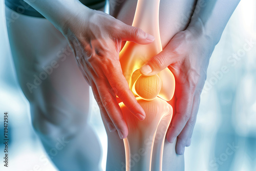 Close-Up Human Knee Pain Representation. Close-up of a person holding knee to indicate pain, suitable for health and medical contexts. photo