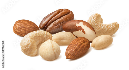 Pecan, peanut, cashew, hazelnut and almond nuts isolated on white background