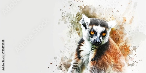 Beautiful watercolor painting of a ring tailed lemur, perfect for nature lovers and animal enthusiasts photo