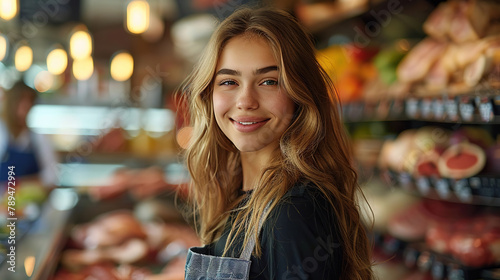 young blonde woman smiling standing in shopping store  blur background , summer vacation joy 