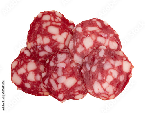 salami sausage cut into pieces isolated on white