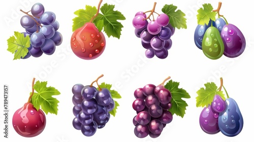 Food icon set with wine grapes, table grapes, fresh fruit and other realistic 3D modern objects. Vegetables, fruits, and vegetables.