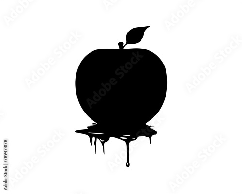 Black apple silhouette with leaf and flowing vector illustration on white background.