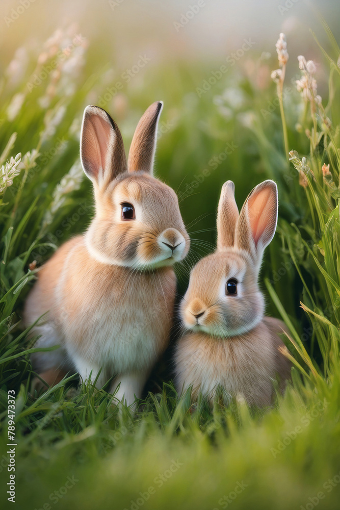 Rabbits. Mother rabbit and baby rabbit on a green meadow. Spring flowers and green grass.