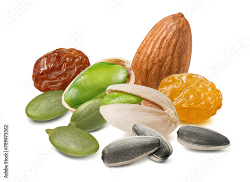 Sunflower and pumpkin seeds, raisins, almonds and pistachio nuts isolated on white background