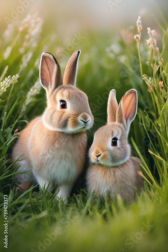 Obraz na płótnie Rabbits. Mother rabbit and baby rabbit on a green meadow. Spring flowers and green grass. w salonie